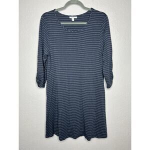 Garnet Hill Navy Blue Striped 3/4 Sleeve Stretch Dress Size Large Casual Comfort